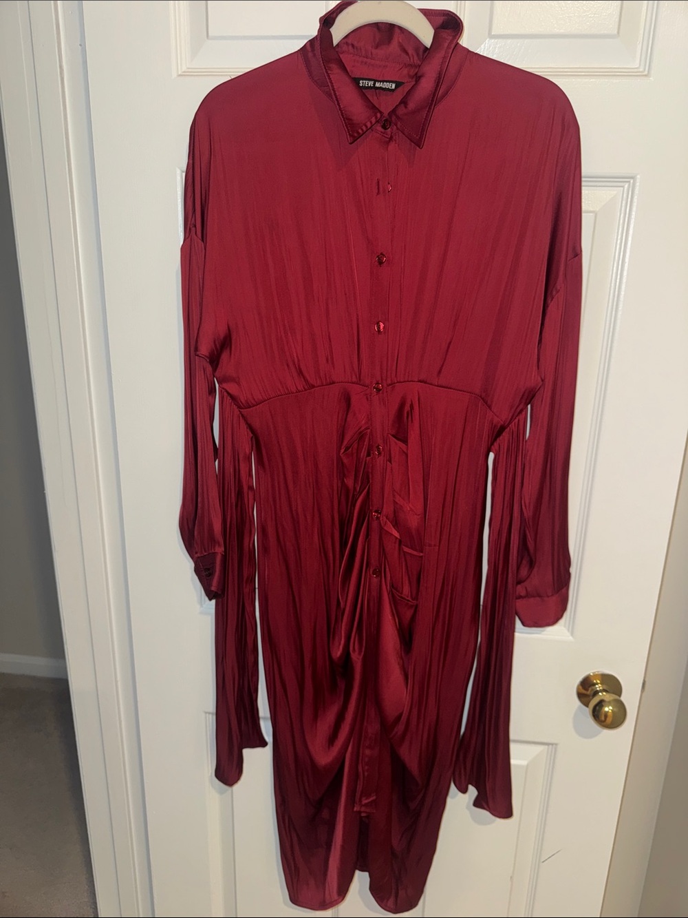 Steve Madden Wine-Red Long Sleeve Button Dress